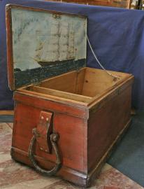Sailors Sea Chest With Painting of Ship CAMBRIAN MONARCH Painted On Inside Lid