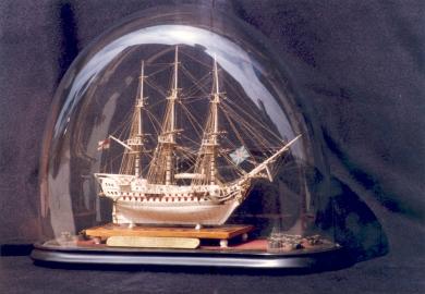Napoleonic Prisoner of War Model of a Full Bodied Warship with Painted Figurehead and Dome Case
