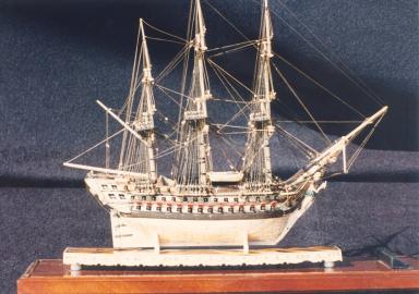 Full Rigged Warship of Patterned Boxwood and Ebony Base