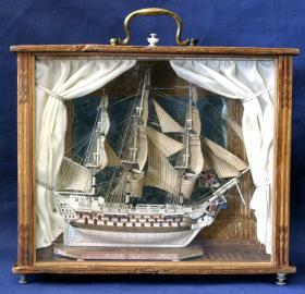 Bone Prisoner Of War Model-Ship Of The Line,  With Straw-work Case