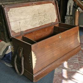 Sailors Sea Chest With Brass Scaloped Corners And Excellent Beckets.