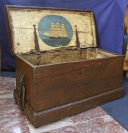 Sailor's Sea Chest With an American Ship Painted On Inside Lid