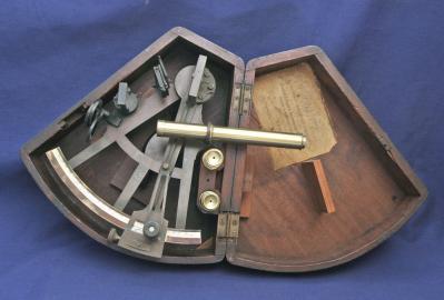 English Brass Frame Sextant With Ivory Scales in Triangle Case