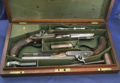 Pair Of Silver Mounted Dueling Pistols  by R.J. Cooper