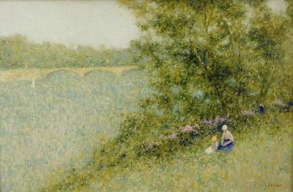 Children at a Floral Riverside
