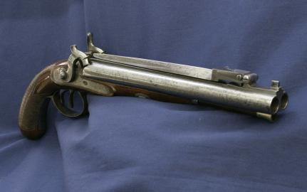 Double-Barreled Percussion Pistol by T. Aston With Spring Loaded Bayonnet