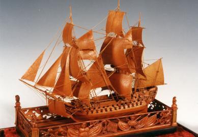 Miniture Carved Wood Napoleonic Prisoner Of War Model With Ornate Carved Wood Base
