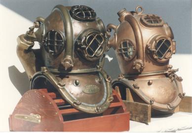 Two United States Navy Heleum Mark V Dive Helmets