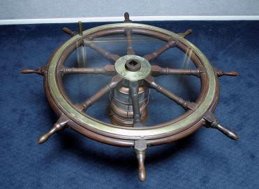Antique Ships Wheel Coffee Table With American Brass Lamp Base