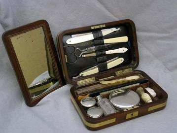 Gentleman's Mahogany and Brass Inlaid Case Traveling Set