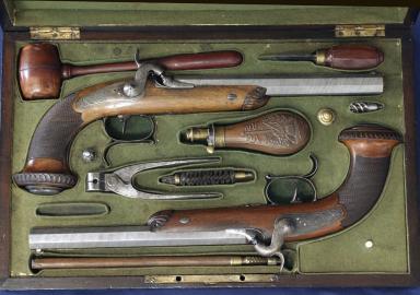 Cased Pair of .45 Caliber Percussion Cap Dueling Pistols.