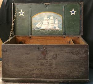 American Sailors Sea Chest With Painting of The Ship ORACLE