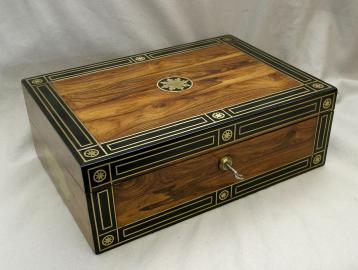 Ebony and Walnut Brass Inlay Writing Desk Box with Tooled Leather