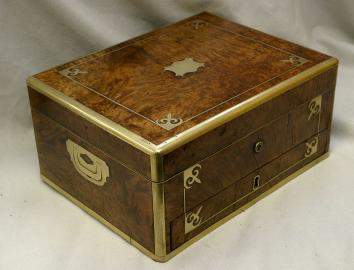 Burl Walnut Brass Inlay Jewelry Box With Drawer