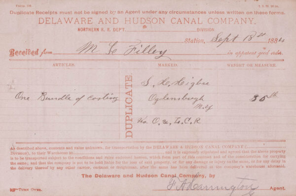 Delaware and Hudson Canal Co. Original Receipt - Image 2