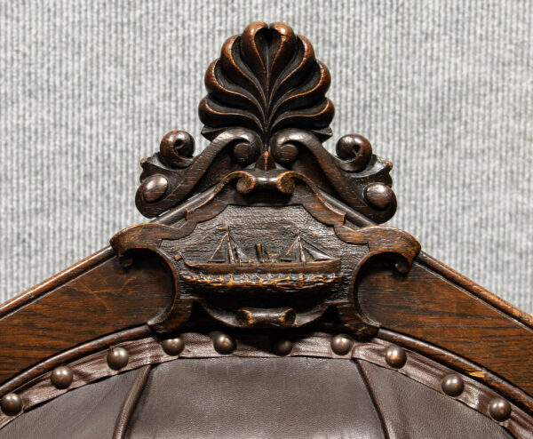 British Oak Captain's Chair with His Carved Steam-Sail Ship