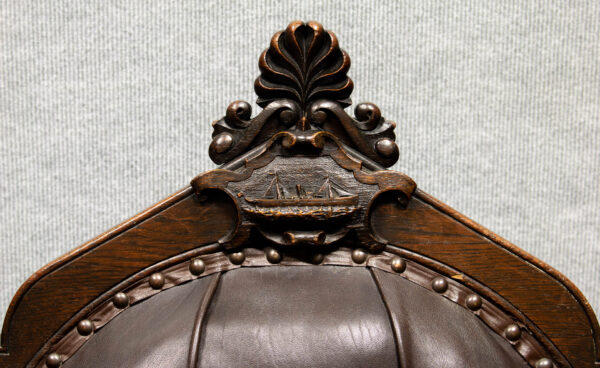 British Oak Captain's Chair with His Carved Steam-Sail Ship - Image 9