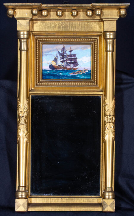 19th c. American Gilded Neoclassical Mirror with inset painting of a Whale Ship