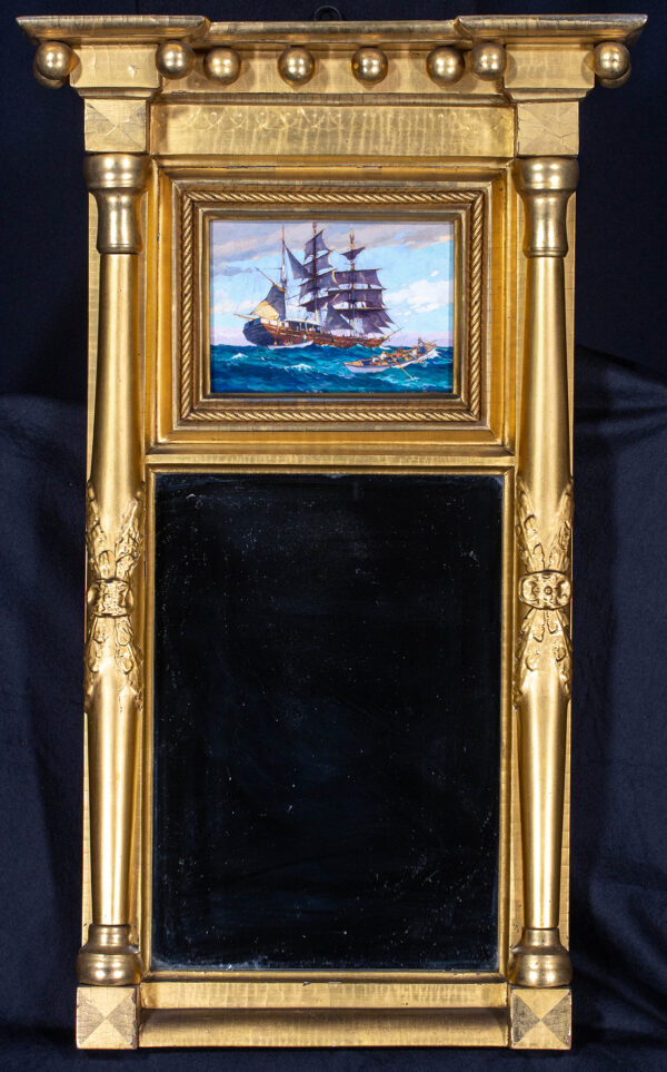 19th c. American Gilded Neoclassical Mirror with inset painting of a Whale Ship
