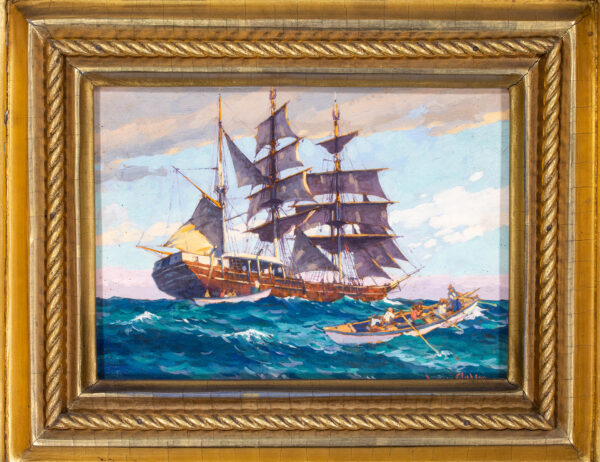 19th c. American Gilded Neoclassical Mirror with inset painting of a Whale Ship - Image 3