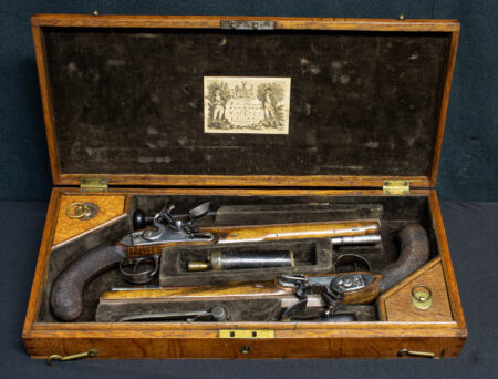 Fine 18th Century Cased Pair of Flintlock Dueling Pistols