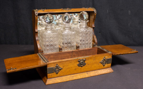 Tantalus Crystal Three Decanter Set in Brass Bound Oak Case - Image 5