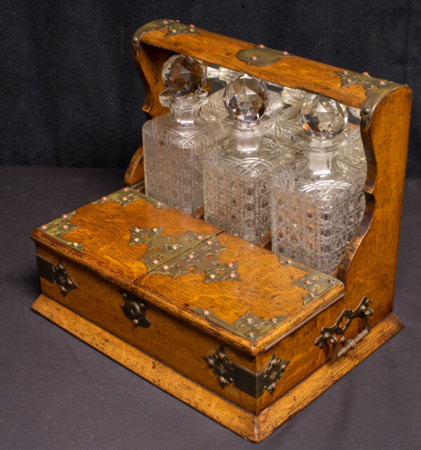 Tantalus Crystal Three Decanter Set in Brass Bound Oak Case - Image 4