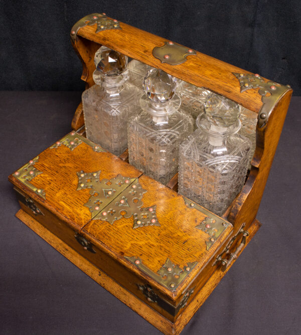 Tantalus Crystal Three Decanter Set in Brass Bound Oak Case - Image 3